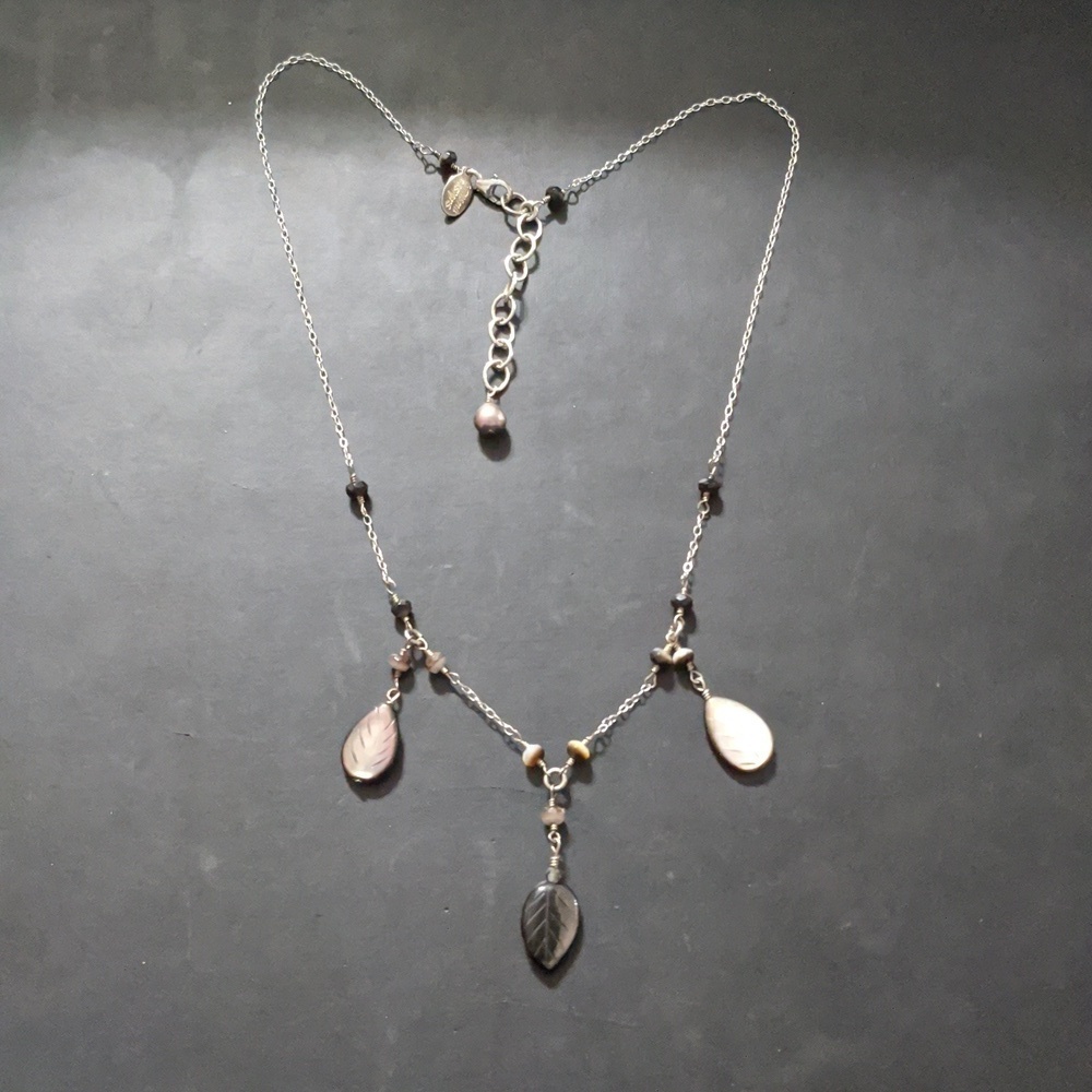 Athena Designs Silver Tone Brown Crystal and Shell Leaf Feather Drop Necklace
